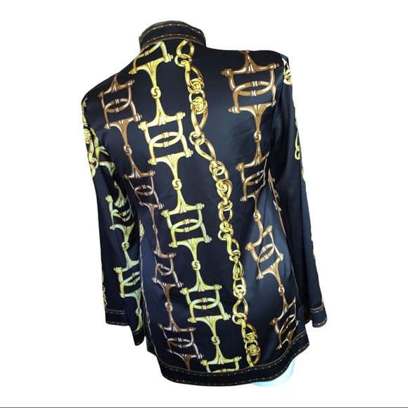 ECI New York Chain Print Satin Blouse Black Gold Long Sleeve Tunic Top 14 - Picture 7 of 16
